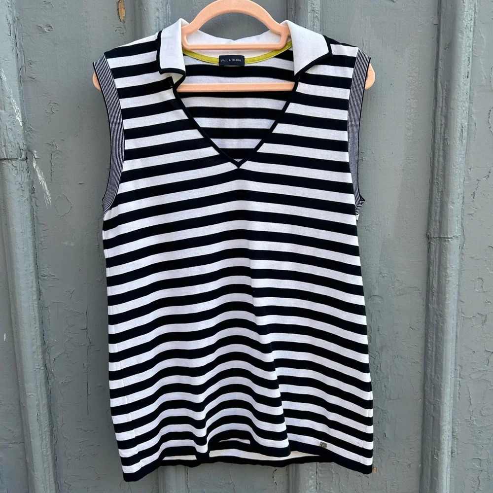 Paul & Shark Sleeveless  Striped Knit Cotton Collared Polo Shirt, size XL